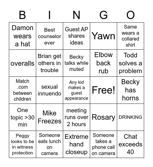 Thursday Bingo Card