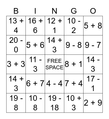 Addition and Subtraction Practice Bingo Card