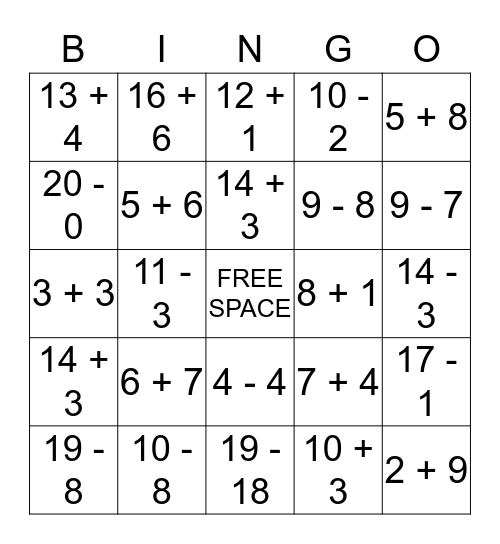 Addition and Subtraction Practice Bingo Card