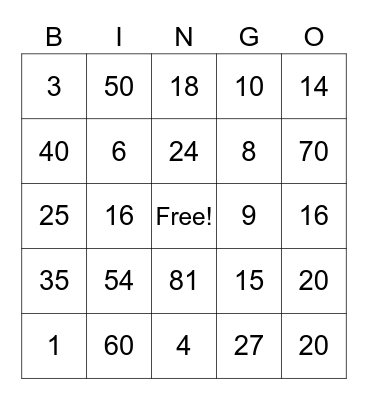 Multiplication through 10 x 10 Bingo Card