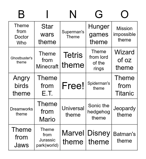Movie, TV show and Video game themes Bingo Card