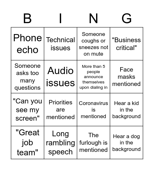 Department Meeting Bingo Card
