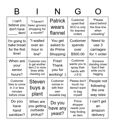 Grocery Store Coronovirus Bingo Card