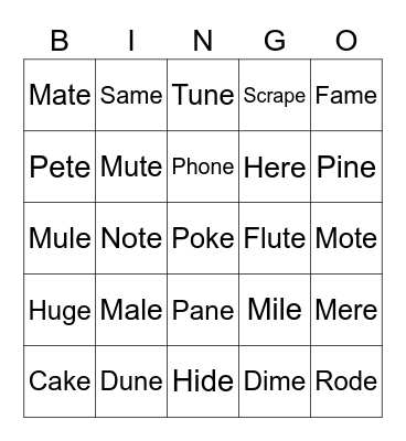 Hunter's Long Vowels (with silent -e) Bingo Card