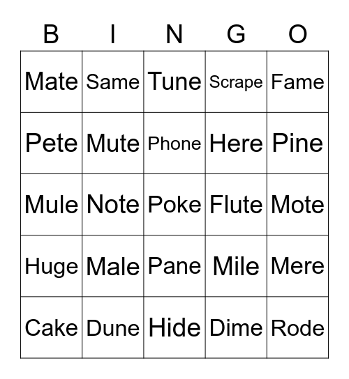 Hunter's Long Vowels (with silent -e) Bingo Card