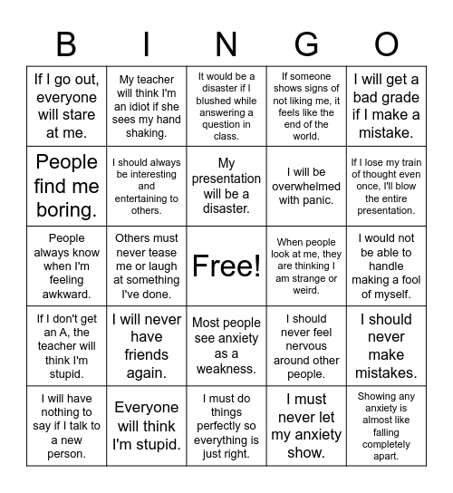Anxious Thoughts Bingo Card