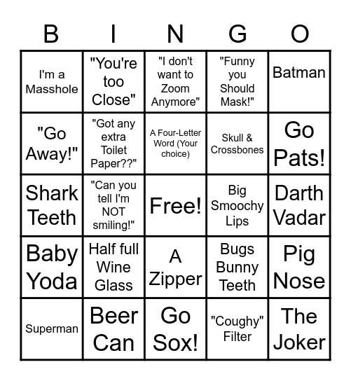 Here's what's on my COVID mask, How 'bout you? Bingo Card