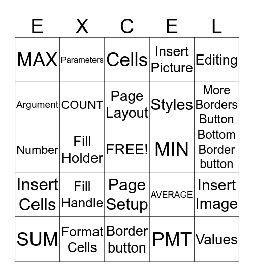 Module Test 3 MSExcel Review Bingo Card