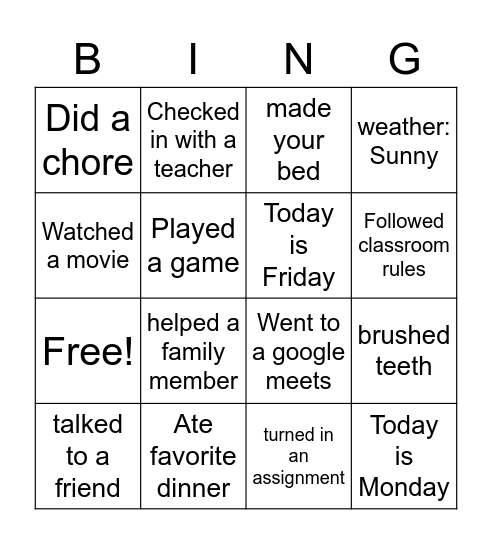 Just For Fun Bingo Card