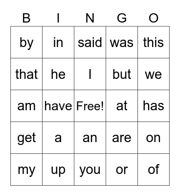 Sight Words Bingo Card