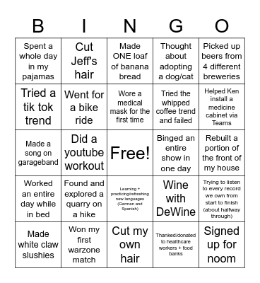 Quarantine Activities Bingo Card