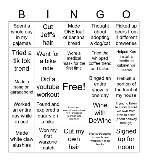 Quarantine Activities Bingo Card