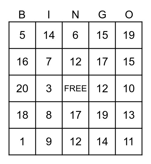 Number Bingo Card