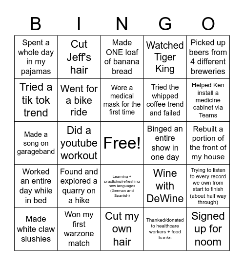 Quarantine Activities Bingo Card