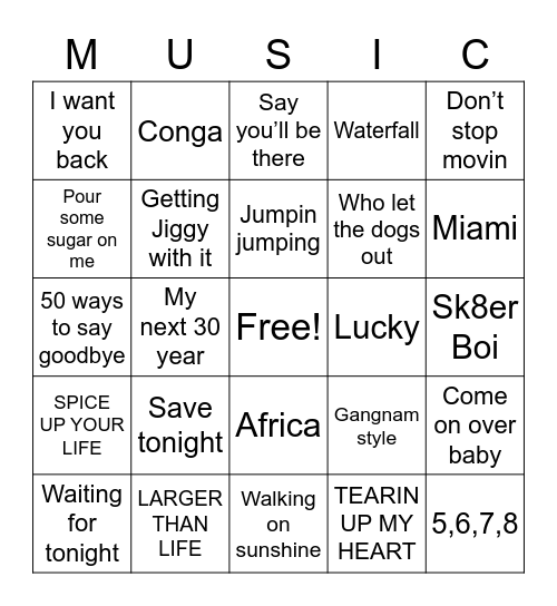 NCCC Music Bingo Card