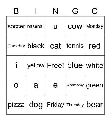 Vocabulary Bingo Card