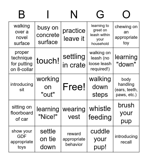 GDF Puppy BINGO Card