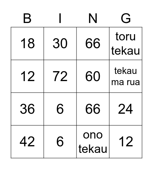whakarea 6 Bingo Card