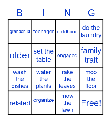 Vocabulary unit 7 Bingo Card