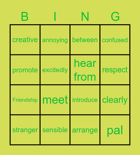 Vocabulary Unit 7 B1 Bingo Card