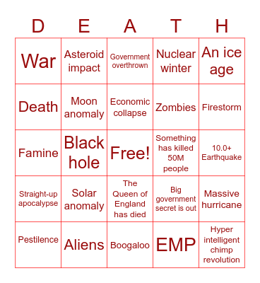 2020 Apocalypse BINGO Card