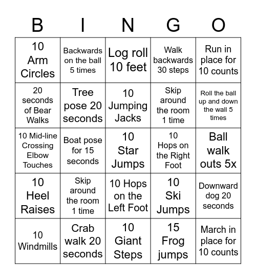 Gross Motor Bingo Card