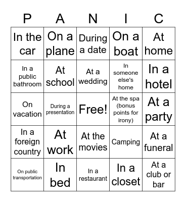 Panic Attack Passport Bingo Card