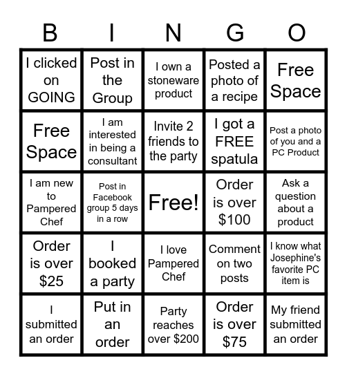 Pampered Chef Party Bingo Card