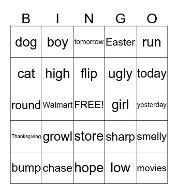 Part of Speech Bingo Card