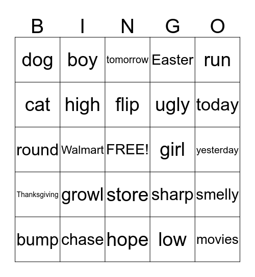 Part of Speech Bingo Card
