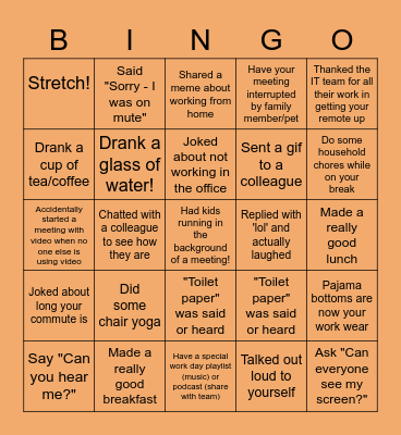 Remote Work Bingo Card