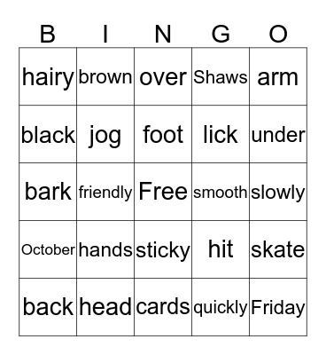 Parts of Speech Bingo Card