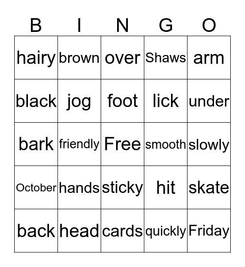 Parts of Speech Bingo Card