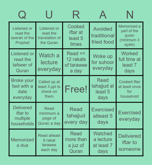 Where are you with Ramadan Goals? Bingo Card