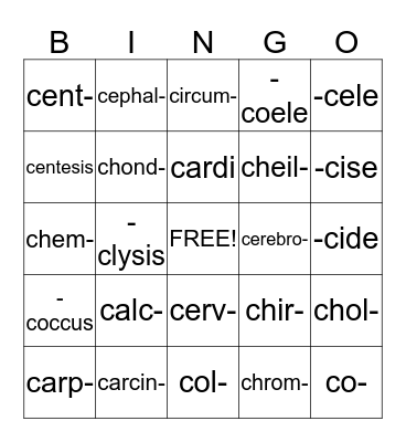 C word parts Bingo Card