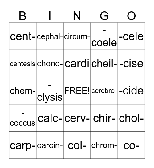C word parts Bingo Card