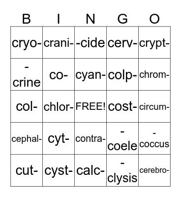 C's word parts Bingo Card
