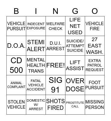 DISPATCHER CALL FOR SERVICE Bingo Card
