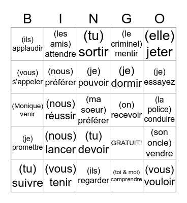 LES VERBES AU PRESENT Bingo Card