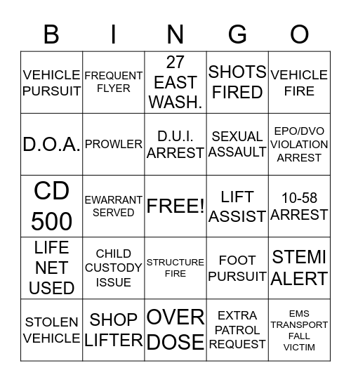 DISPATCHER CALL FOR SERVICE Bingo Card