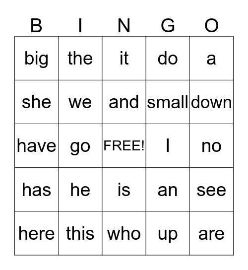 Sight Word Bingo Card