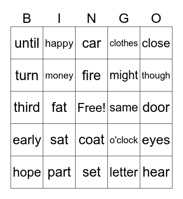 sight word  Bingo Card