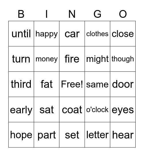 sight word  Bingo Card