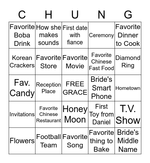 Angela's Bridal Shower! Bingo Card