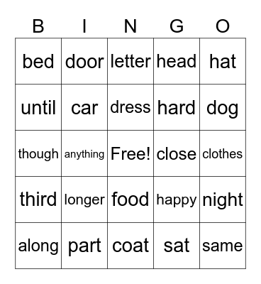 Sight Word  Bingo Card