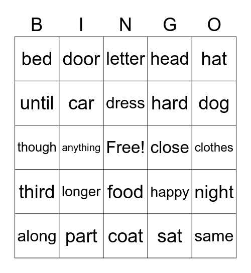 Sight Word  Bingo Card