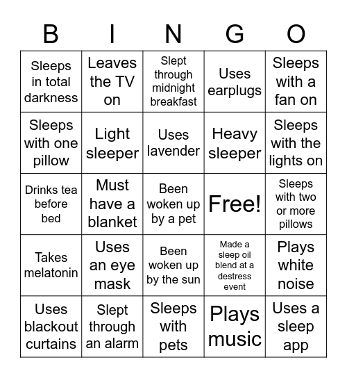 Sleep Bingo Card