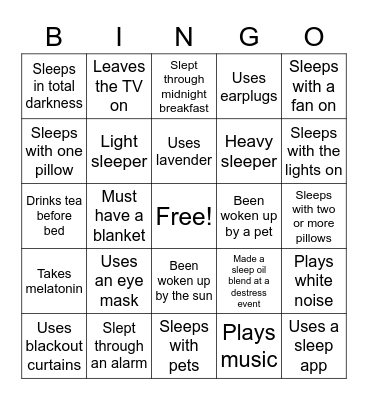 Sleep Bingo Card