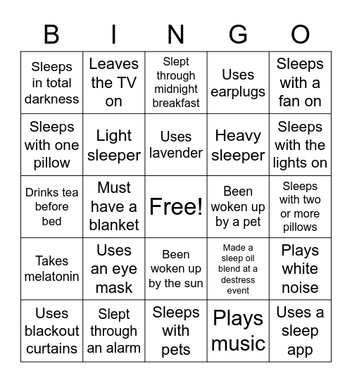 Sleep Bingo Card