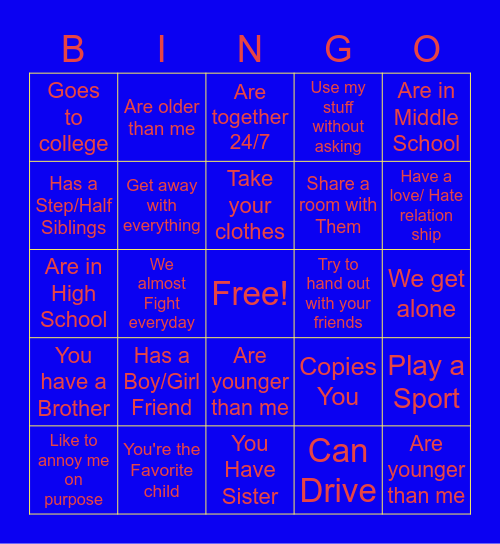 Special Bingo For Siblings Bingo Card